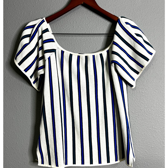 Ann Taylor Womens XL Blouse White Blue Green Stripe Off The Shoulder Boho Casual - Picture 2 of 11